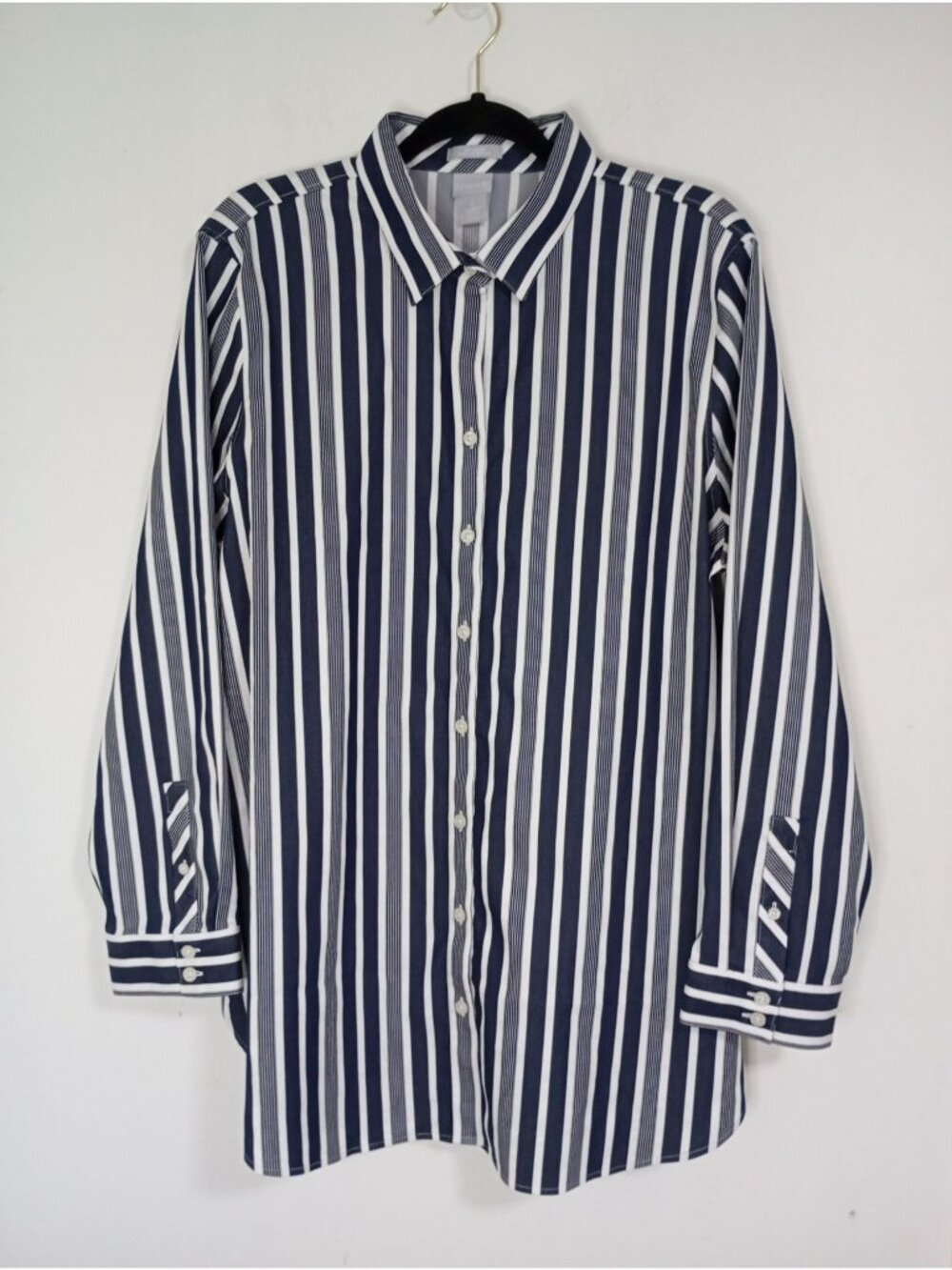 Chicos Shirt Tunic Womens No-Iron Chic Size 3 Stretch Striped Button-Down